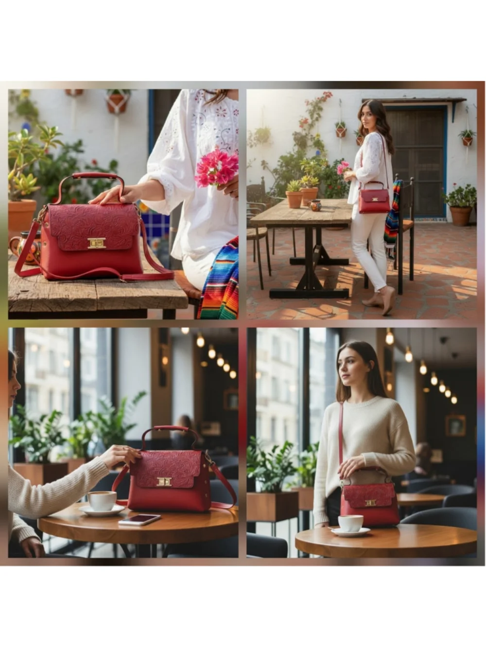 Red Floral Studded Embossed Artisan LEATHER Purse Handbag Crossbody Bag